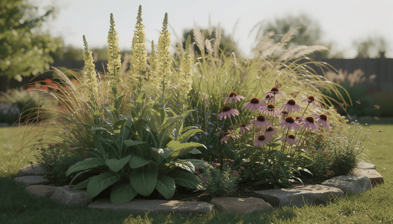 Na rabacie bylinowej w słonecznym ogrodzie rośnie dziewanna pospolita z jej żółtymi kwiatami, obok których znajdują się jeżówki oraz dekoracyjne trawy. Rośliny te tworzą efektowną kompozycję, idealną do naturalnych ogrodów, a dziewanna, jako roślina dwuletnia, przyciąga uwagę swoim obfitym kwitnieniem.