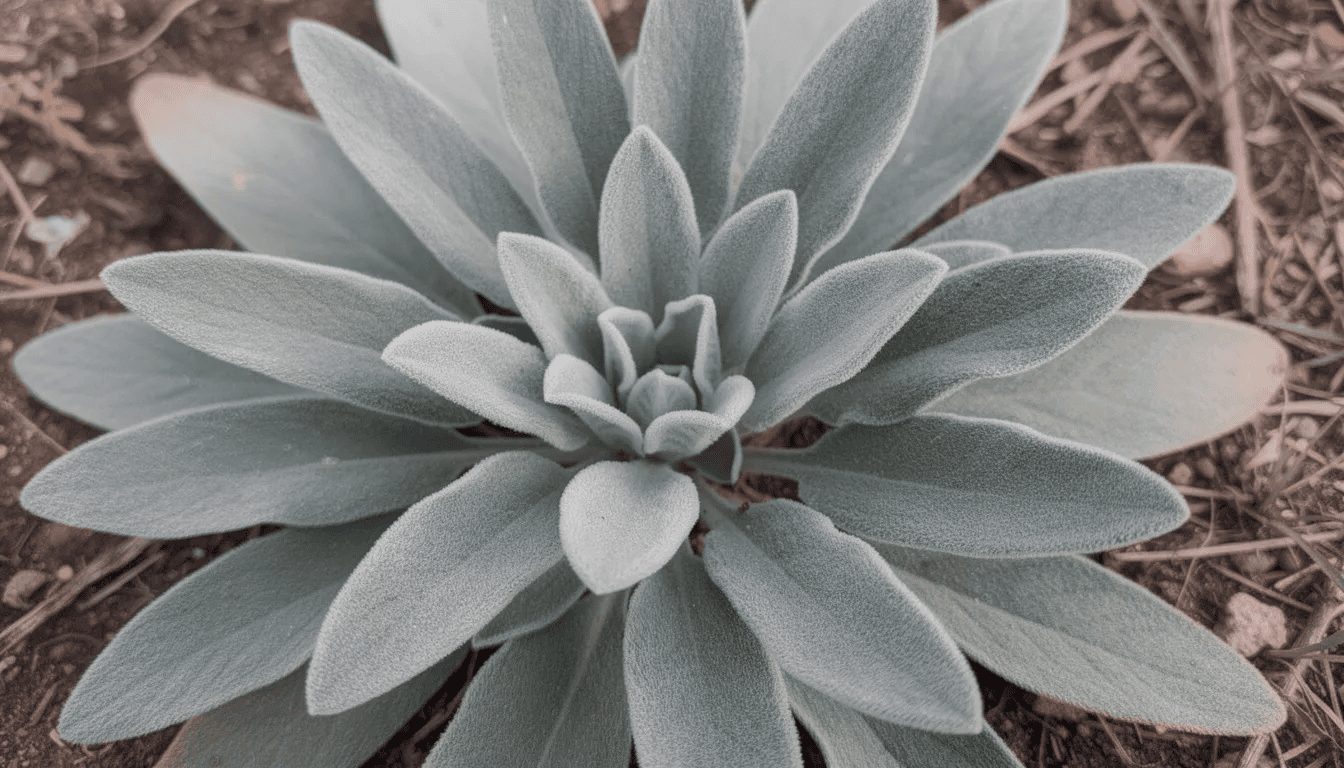 Zbliżenie na rozetę szarozielonych, filcowatych liści dziewanny, rośliny dwuletniej z rodziny trędownikowatych, która charakteryzuje się efektownymi liśćmi i właściwościami leczniczymi. Liście są pokryte delikatnymi włoskami, co nadaje im miękką teksturę.