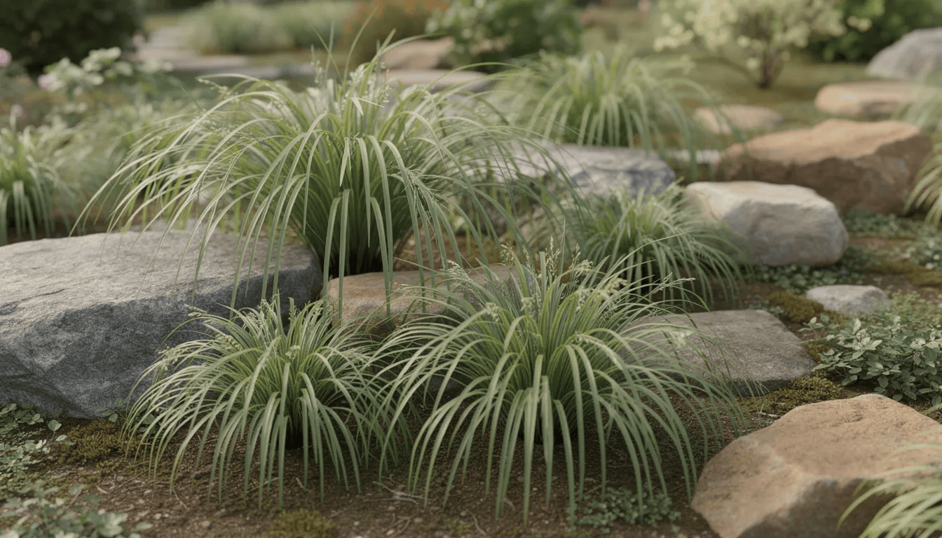 Na zdjęciu widoczne są bujne kępy turzycy o przewieszających się liściach, rosnące w naturalnym ogrodzie wśród kamieni. Rośliny te, charakteryzujące się zielonymi liśćmi, tworzą efektowne kompozycje, idealne do ozdabiania rabat i brzegów oczek wodnych.