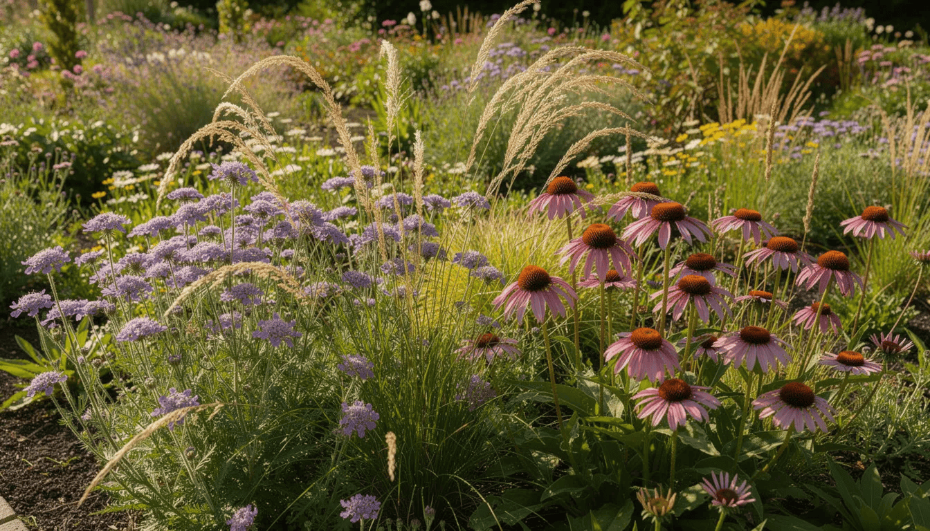 Na obrazie widoczna jest naturalistyczna rabata ogrodowa, w której dominują smukłe łodygi driakwi, traw ozdobnych oraz jeżówek, rozkwitających w pełnym słońcu. W tle można dostrzec harmonijne kompozycje kolorowych kwiatów, które przyciągają pożyteczne owady, tworząc efektowny element każdego ogrodu.