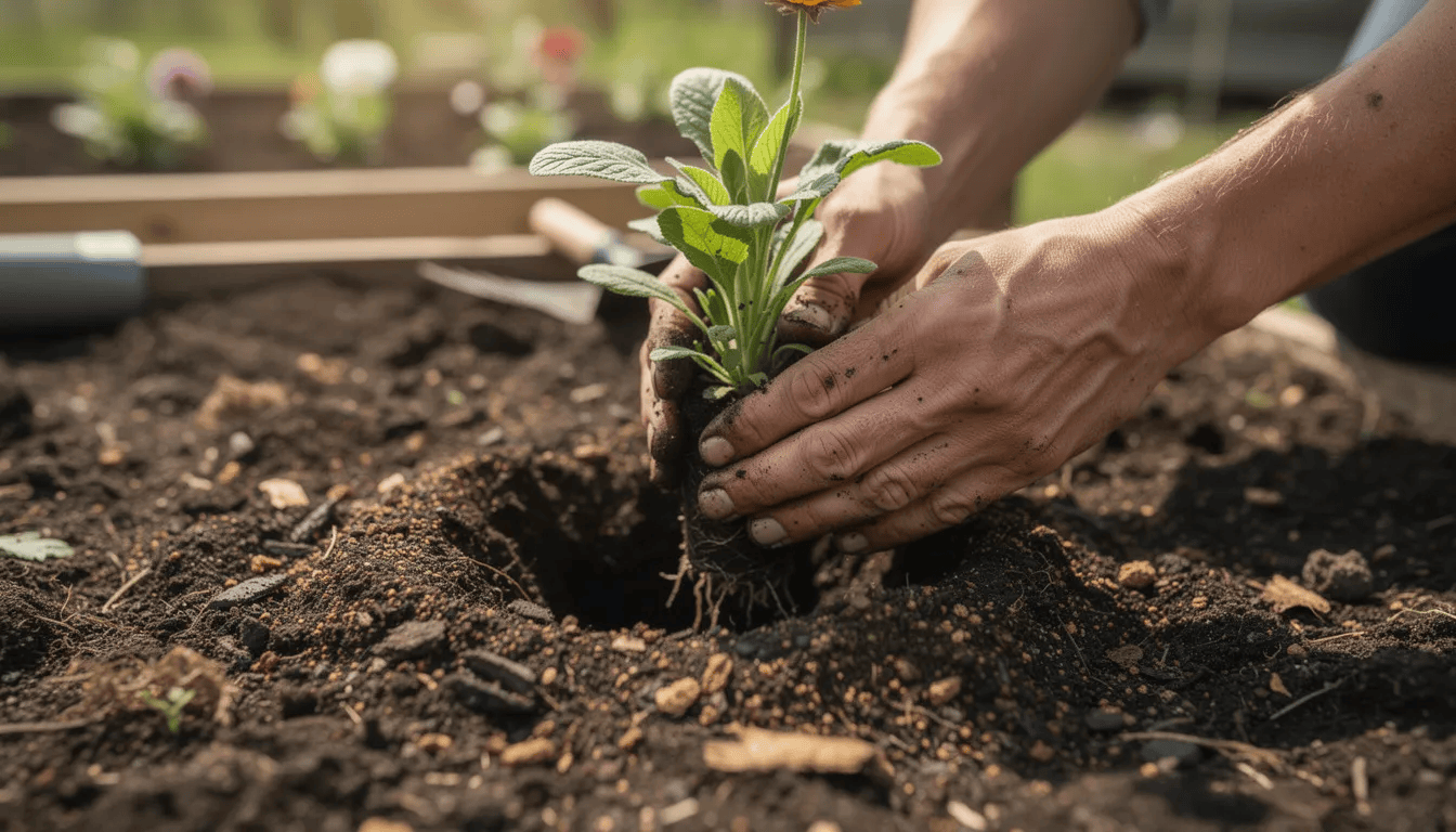 W ogrodzie widać ręce ogrodnika sadzącego byliny, w tym pysznogłówkę szkarłatną, w przygotowanej glebie z kompostem. Rośliny te, znane z aromatycznego cytrusowego zapachu, będą kwitły latem, przyciągając pszczoły i motyle.