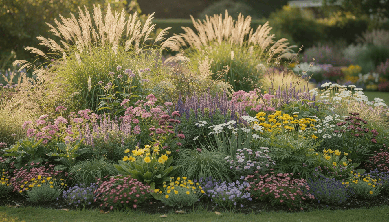 Na kolorowej rabacie bylinowej rosną różnorodne gatunki kwiatów, w tym floks wiechowaty i floks szydlasty, które tworzą bujne, zwarte kobierce. Kwiaty te, o pięknym zapachu, kwitną w pełnym słońcu, przyciągając wzrok swoją obfitością kwitnienia.