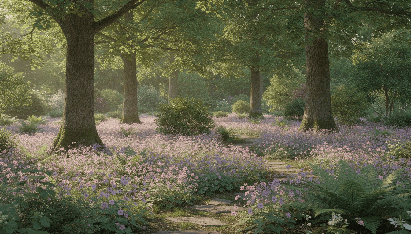 Na obrazie widoczny jest piękny ogród, w którym bodziszek wspaniały rośnie pod koronami drzew jako roślina okrywowa. Gęste kępy ciemnozielonych liści i kwiaty w odcieniach jasnego fioletu tworzą malowniczy widok w półcieniu.