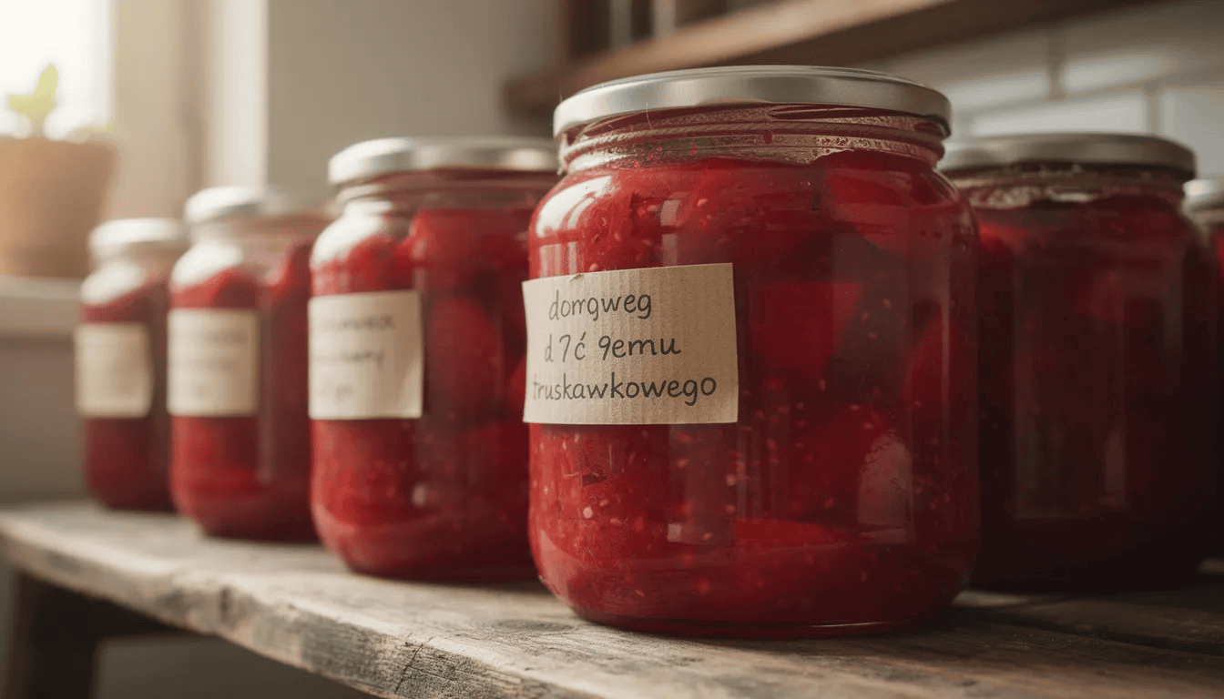Na drewnianej półce znajdują się słoiki z domowym dżemem truskawkowym, które kuszą swoim intensywnym kolorem i aromatem. W tle widać liście truskawek, co podkreśla naturalny charakter przetworów oraz ich składniki odżywcze.