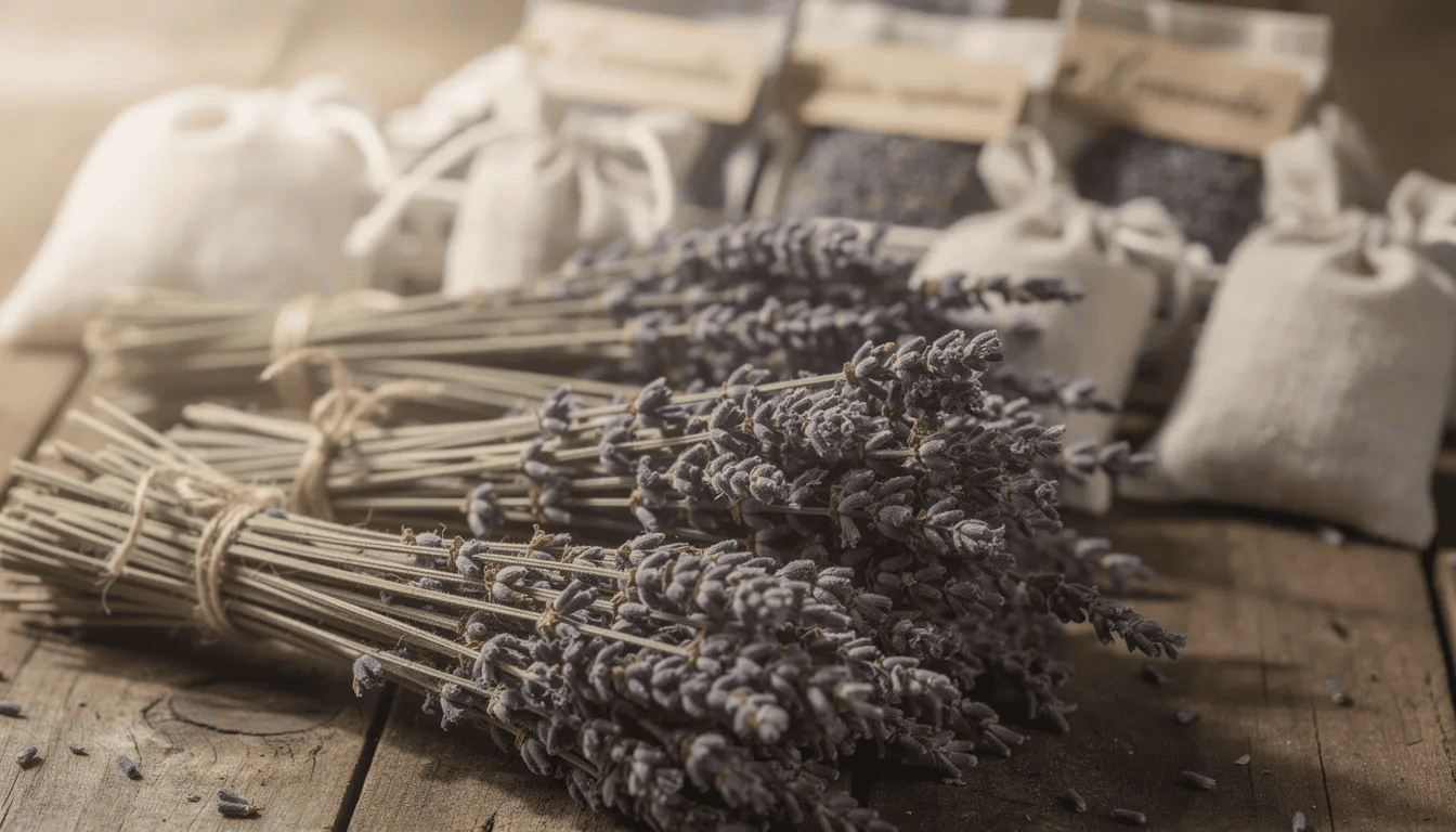 Na zdjęciu widoczne są suszone pęczki lawendy, starannie przygotowane do stworzenia saszetek zapachowych. Ich ciemnofioletowe kwiaty emanują przyjemnym aromatem, który sprawia, że są popularnym dodatkiem w pielęgnacji wnętrz oraz w kosmetyce.