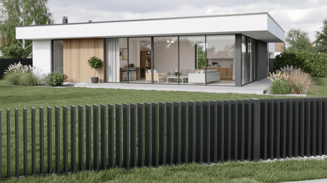 Na obrazie widoczne jest nowoczesne ogrodzenie grzebieniowe z pionowymi profilami, które doskonale komponuje się z elegancką architekturą współczesnego domu jednorodzinnego, charakteryzującego się dużymi przeszkleniami. Ogrodzenie zapewnia wysoką odporność na warunki atmosferyczne oraz uszkodzenia mechaniczne, co czyni je idealnym rozwiązaniem dla posesji w terenie całej Polski.