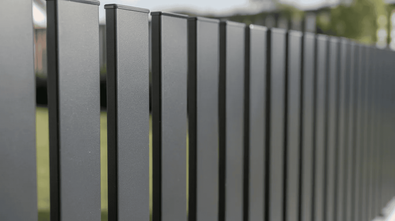 Zbliżenie na pionowe profile ogrodzeniowe z aluminium w kolorze antracytowym, które charakteryzują się nowoczesnym wyglądem i elegancką estetyką. Te malowane proszkowo przęsła zapewniają wysoką odporność na warunki atmosferyczne oraz uszkodzenia mechaniczne, idealnie komponując się z otoczeniem każdej posesji.
