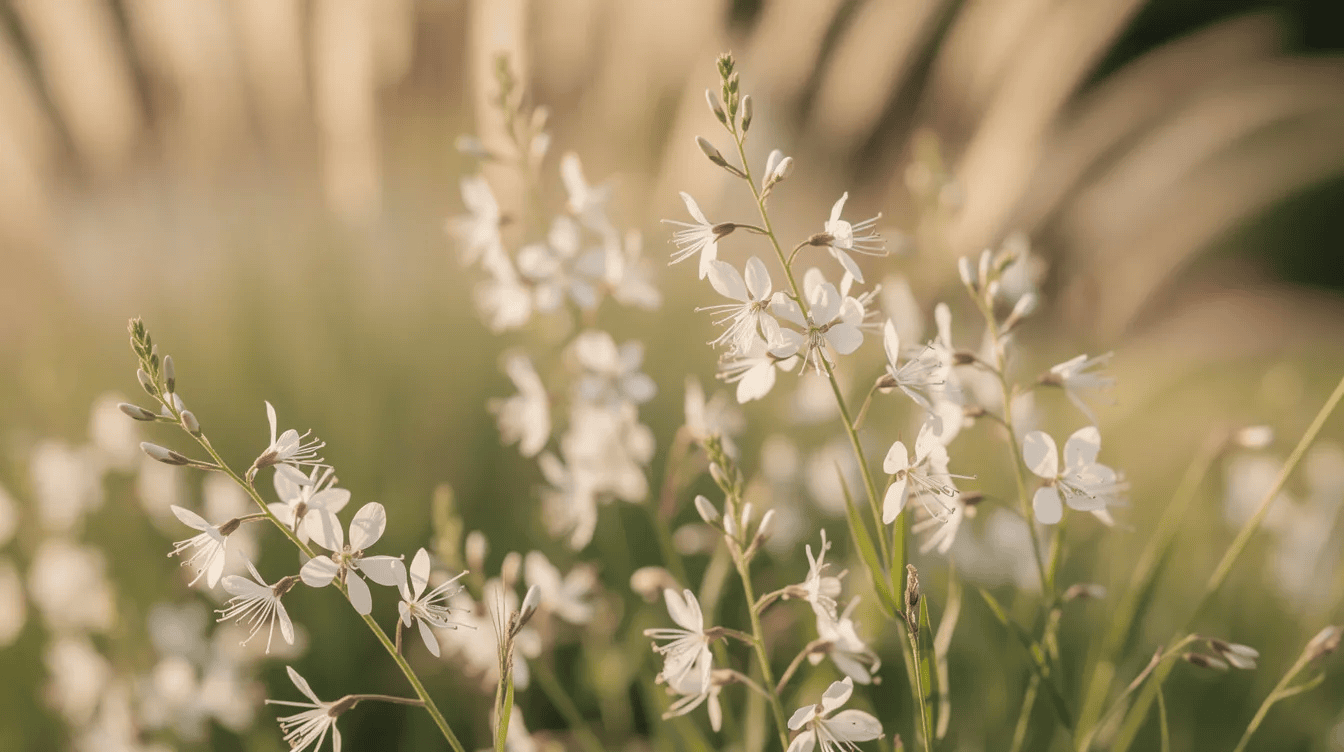 Na zdjęciu widoczne są białe kwiaty gaury (gaura lindheimeri), które kołyszą się na wietrze w letnim ogrodzie, otoczone ozdobnymi trawami w tle. Rośliny te charakteryzują się zwiewnym pokrojem i długotrwałym kwitnieniem, idealnie nadając się do słonecznych rabat.