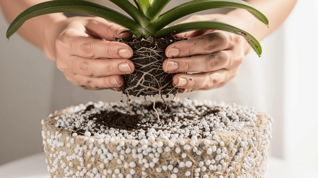 Na zdjęciu widać ręce przesadzające roślinę, prawdopodobnie pilea peperomioides, z widocznymi korzeniami oraz jasnym, przepuszczalnym podłożem z perlitem. Roślina ma okrągłe, delikatne liście, a scena odbywa się w warunkach domowych, co sugeruje jej pielęgnację w umiarkowanym świetle.