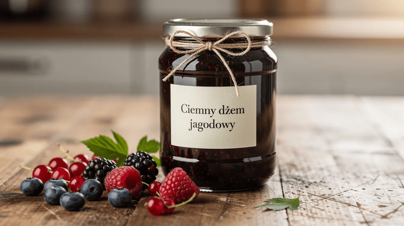 Na drewnianym blacie znajduje się słoik ciemnego dżemu z owoców jagodowych, obok którego leżą świeże owoce, w tym owoce świdośliwy, które są średniej wielkości i mają intensywne odcienie czerwieni. Dżem emanuje słodkim aromatem, a jego kolor przypomina dojrzałe, soczyste owoce.