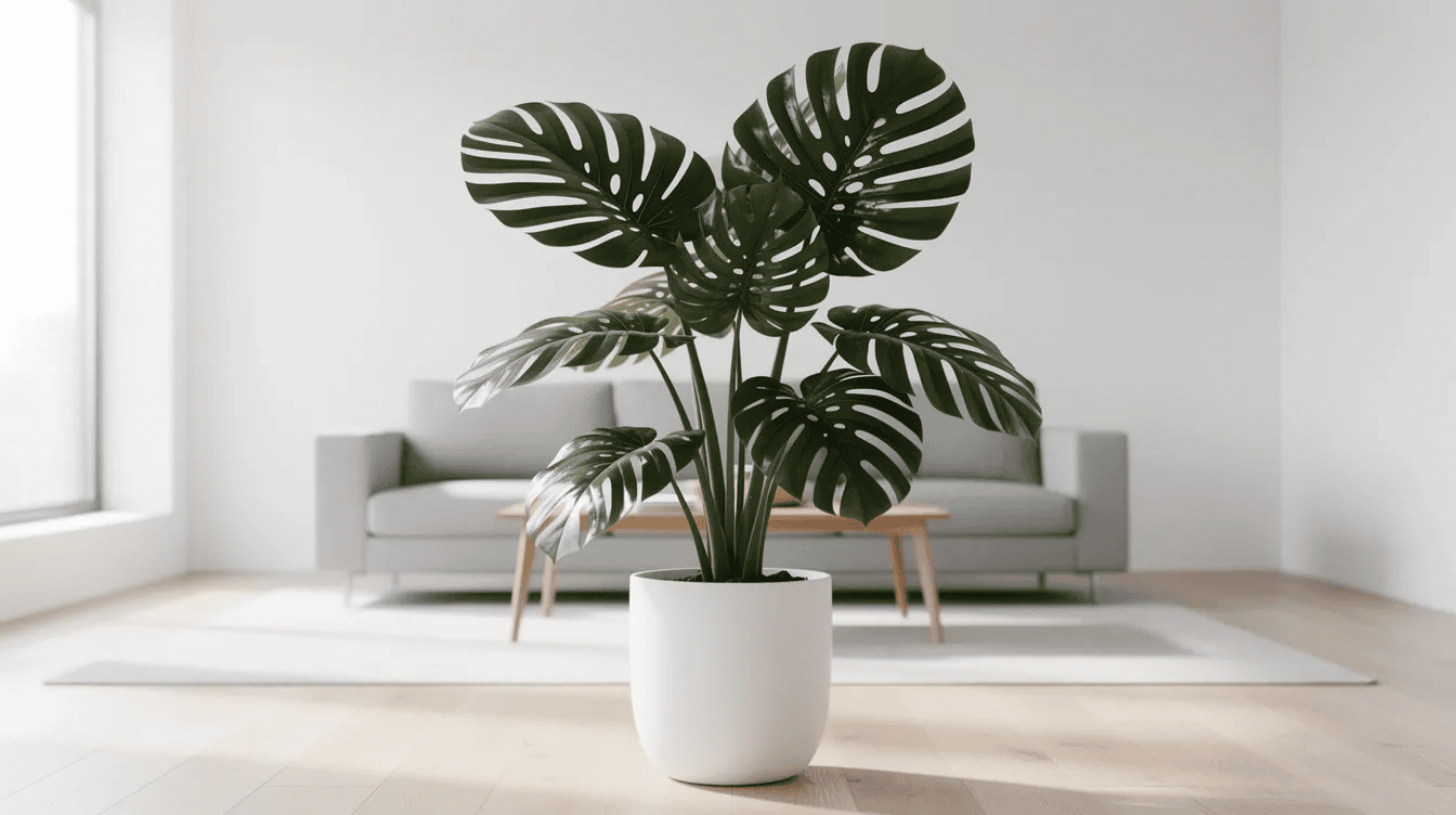 Na zdjęciu widać piękną roślinę doniczkową - monstera z dużymi zielonymi liśćmi, umieszczoną w eleganckiej białej doniczce. Roślina ta doskonale wpisuje się w nowoczesny, minimalistyczny wystrój salonu, dodając mu egzotycznego charakteru.
