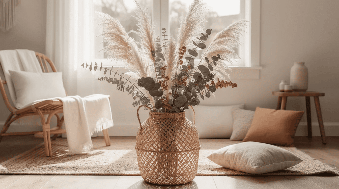 W jasnym wnętrzu w stylu boho znajduje się wiklinowy kosz wypełniony suszonymi trawami pampasowymi oraz eukaliptusem, które tworzą elegancką dekorację. Tego rodzaju suche trawy ozdobne wprowadzają przyjemną atmosferę do przestrzeni.