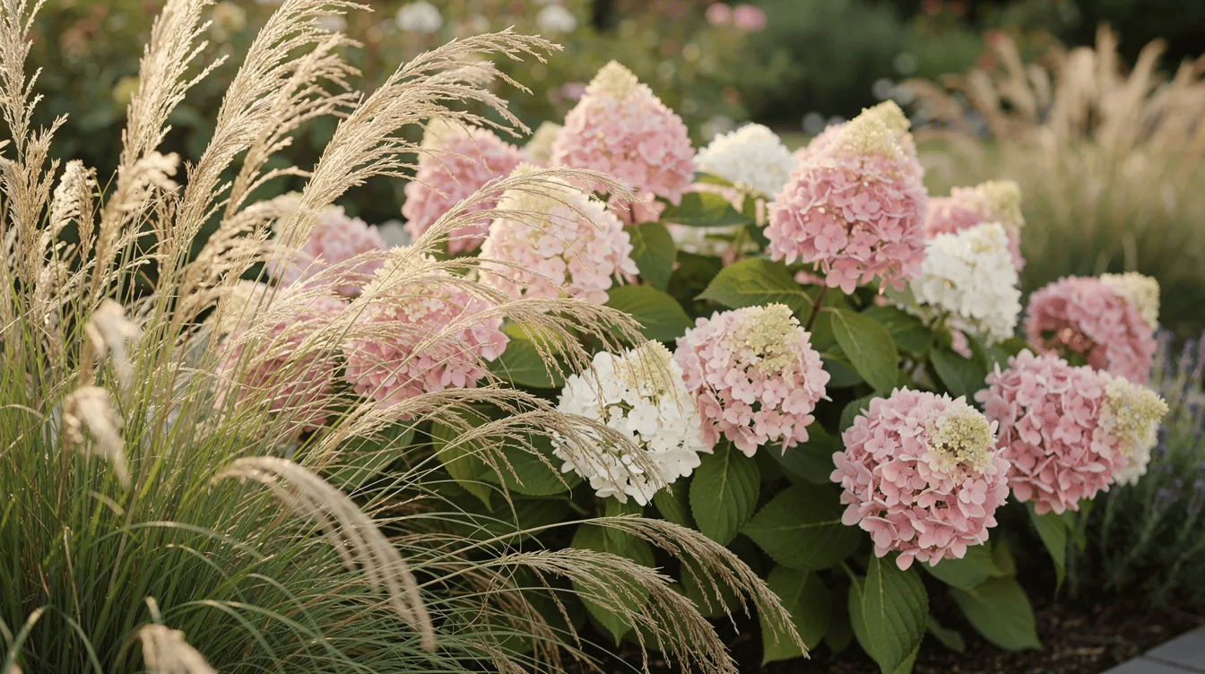 Na zdjęciu znajduje się ogrodowa kompozycja z hortensji bukietowych w różnych odcieniach różu i bieli, otoczona ozdobnymi trawami. Kwiaty te, takie jak hydrangea arborescens ruby annabelle, tworzą efektowne płaskokuliste kwiatostany, które dodają uroku każdemu ogrodowi.