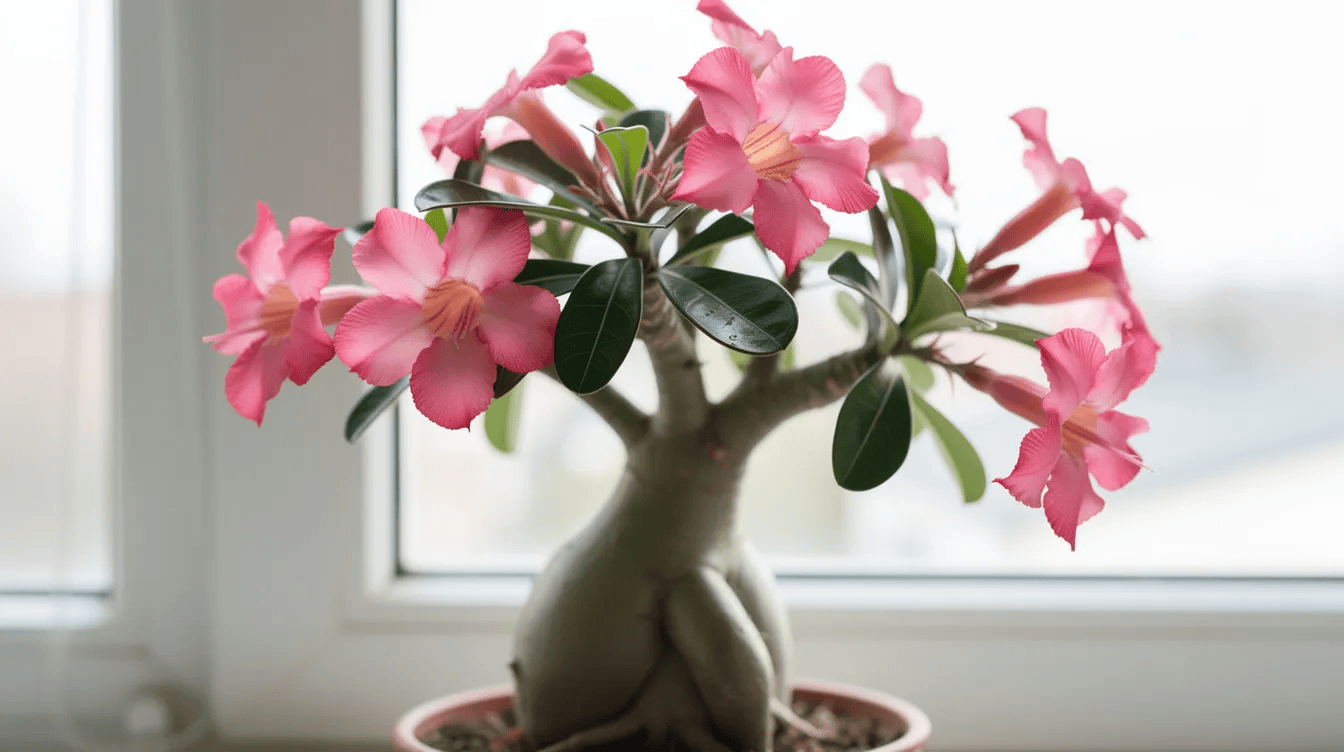 Na jasnym tle okna znajduje się egzotyczne adenium obesum z grubym, pękatym pniem i spektakularnymi, różowymi kwiatami, które kwitną w optymalnych warunkach. Roślina ta, znana również jako róża pustyni, charakteryzuje się obfitym kwitnieniem i jest popularna w uprawie sukulentów.
