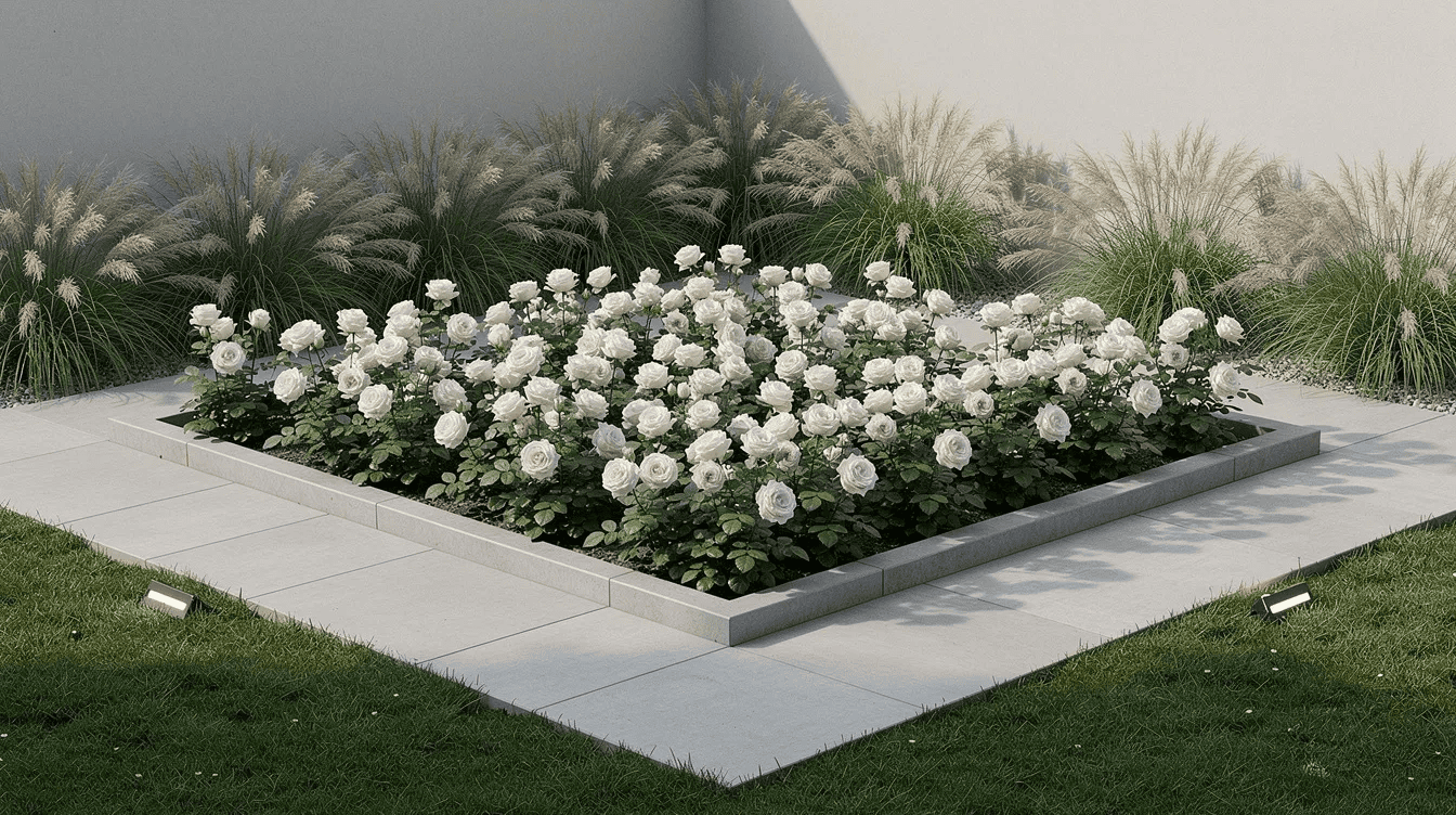 Nowoczesny ogród z minimalistycznym designem, w którym geometryczna rabata obsadzona jest białymi różami ogrodowymi, a w tle rosną ozdobne trawy. Całość emanuje elegancją i harmonią, tworząc idealne miejsce dla miłośników pięknych kwiatów.