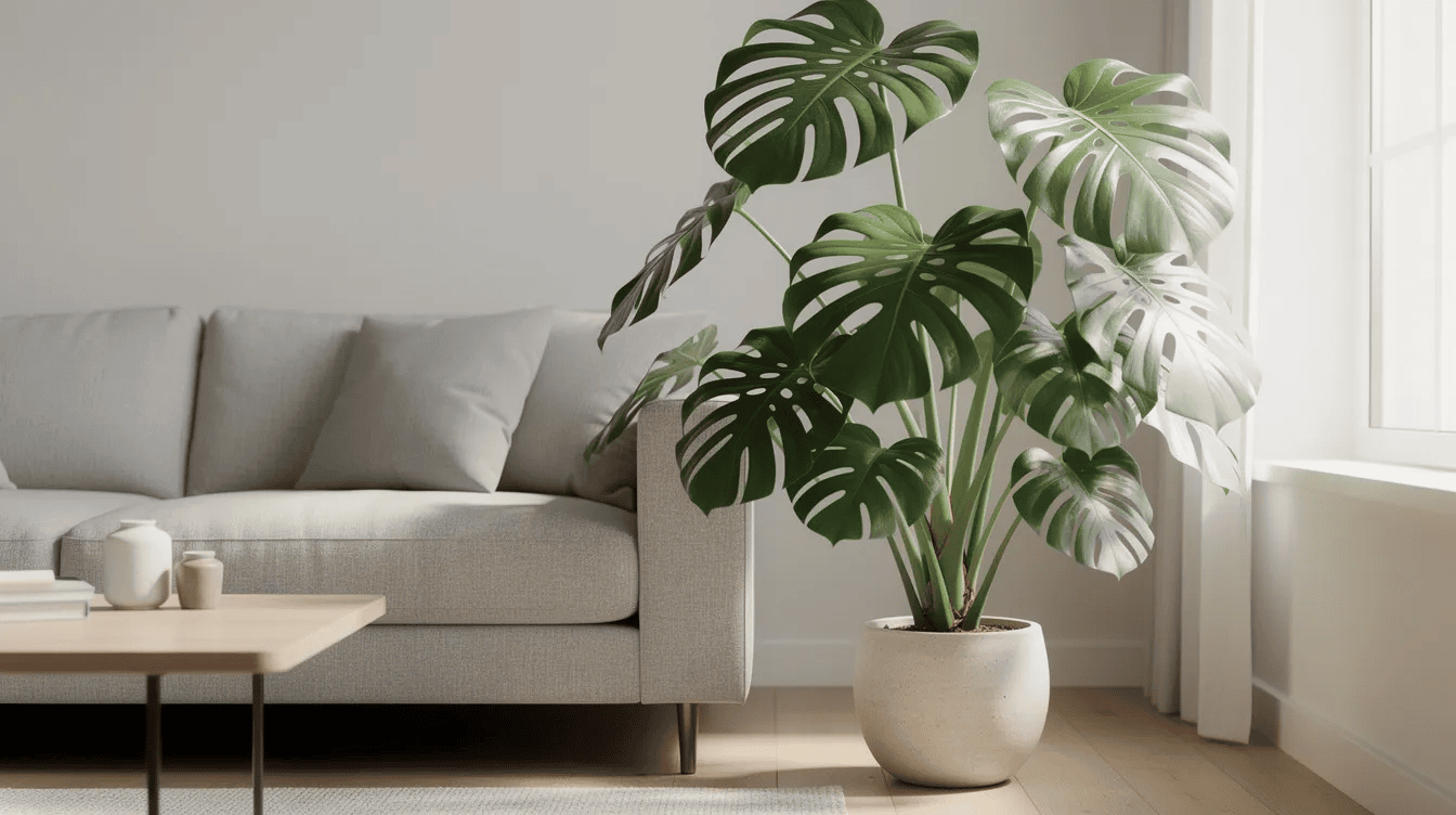 Na obrazie widoczna jest Monstera deliciosa z dużymi, dziurawymi liśćmi, umieszczona w jasnym salonie obok kanapy. Roślina ta, znana jako cieniolubna roślina doniczkowa, dodaje przytulnej atmosfery i naturalnego piękna do nowoczesnych wnętrz.