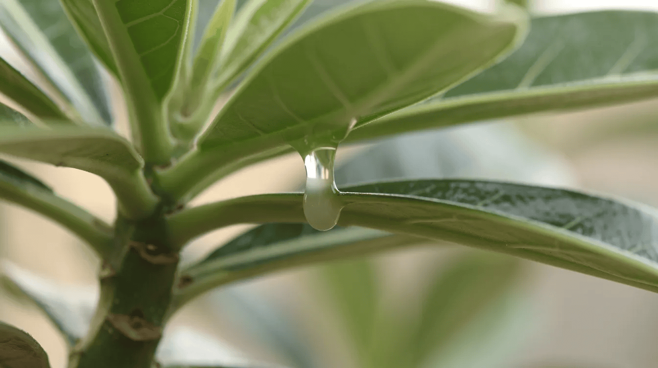Zbliżenie na mięsiste zielone liście adenium obesum, z widoczną kroplą mlecznego soku na pędzie, ukazuje charakterystyczne cechy tej rośliny, która w naturalnym środowisku rośnie w półwyspie arabskim. Liście są grube i soczyste, co pozwala na magazynowanie wody, a ich intensywna zieleń podkreśla zdrowy stan młodych roślin.
