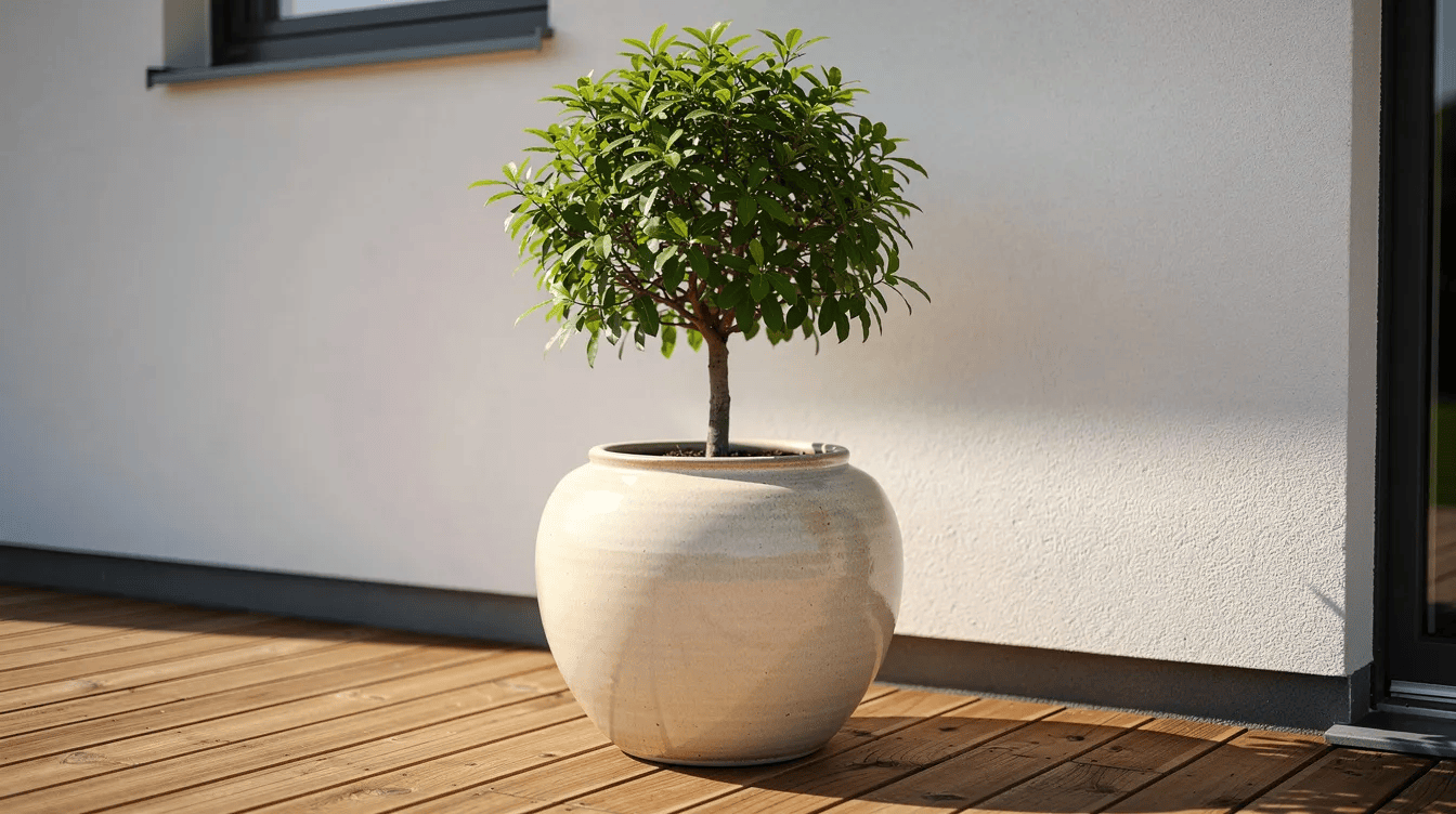 Na drewnianym tarasie przy ścianie domu stoi duża ceramiczna donica z niewielkim drzewkiem liściastym o kulistym pokroju, które preferuje żyzne gleby. Drzewko to, idealne do małych ogrodów, charakteryzuje się zielonymi liśćmi, które jesienią przebarwiają się na różne kolory.