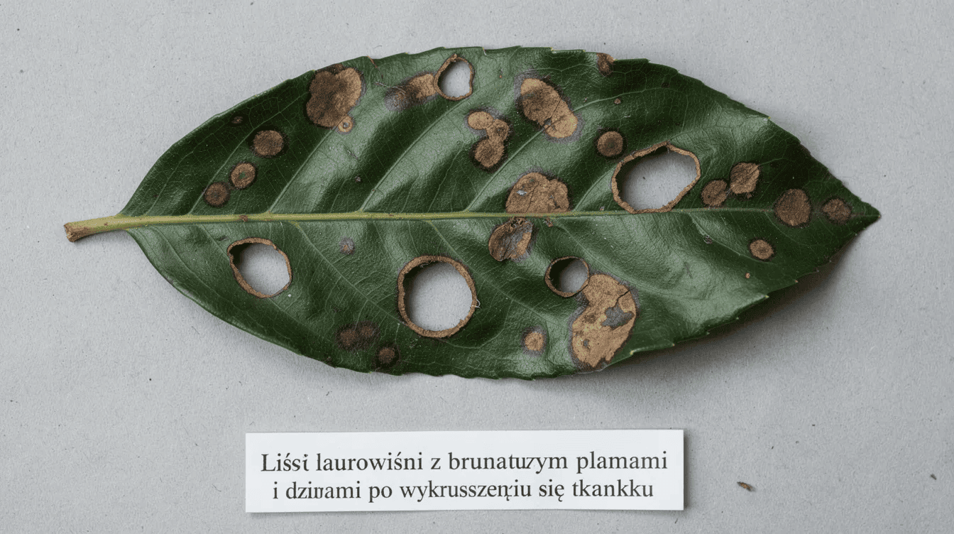 Na zdjęciu widoczny jest liść laurowiśni, na którym znajdują się brunatne plamy oraz charakterystyczne dziury, świadczące o uszkodzeniach tkanki. Taki wygląd może być wynikiem chorób roślin, które pojawiają się podczas rozmnażania laurowiśni wczesną wiosną.