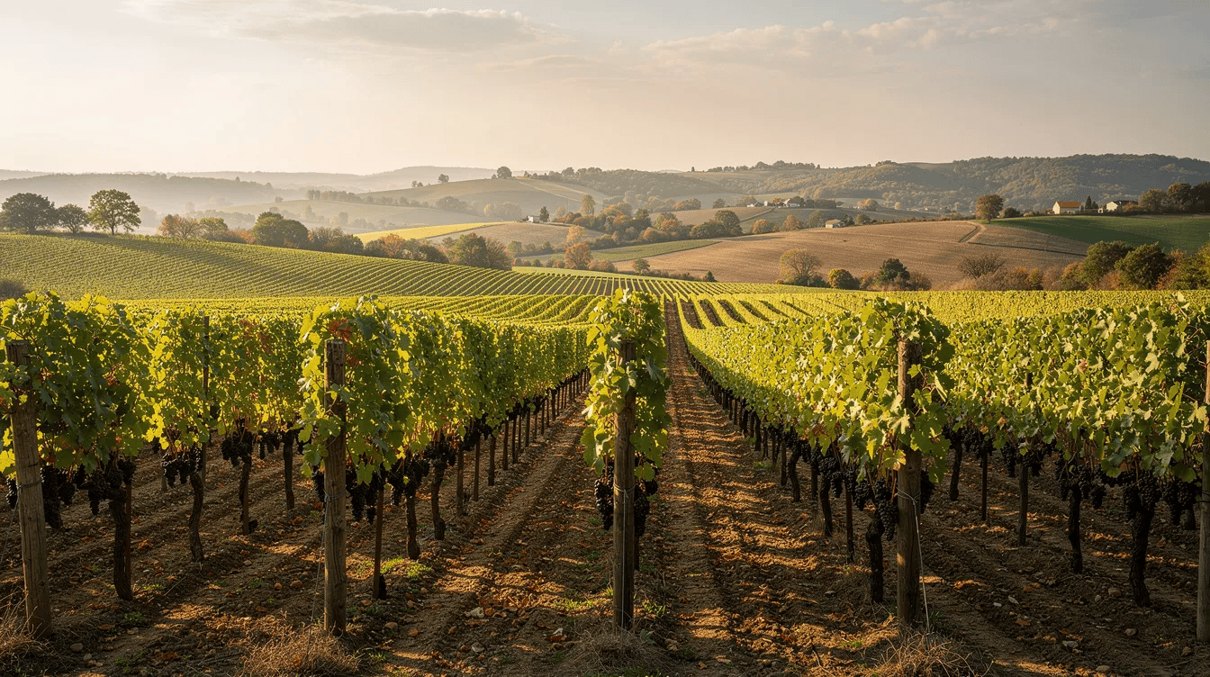 Na obrazie widoczna jest rozległa winnica z rzędami dojrzałych winorośli, zwłaszcza odmian winorośli właściwej, takich jak cabernet sauvignon, rozciągająca się na tle pagórkowatego krajobrazu w ciepłym świetle słonecznym. W oddali można dostrzec liście winorośli oraz grona owoców, co podkreśla znaczenie gospodarcze produkcji wina.