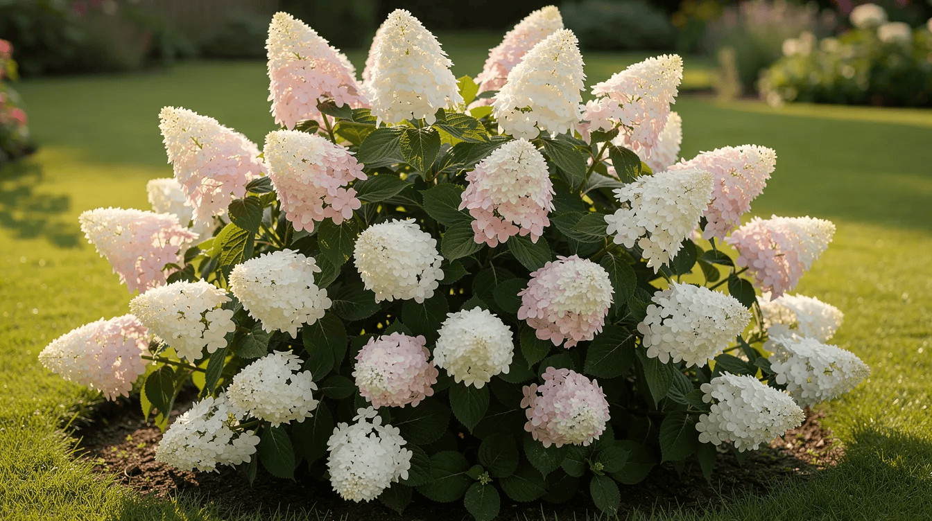 W ogrodzie znajduje się rozłożysty krzew hortensji bukietowej pinky winky, który zachwyca dużymi biało-różowymi stożkowatymi kwiatostanami, kontrastującymi z zielonym trawnikiem. Roślina ta charakteryzuje się obfitym kwitnieniem, co sprawia, że jest idealnym elementem ogrodów przydomowych.