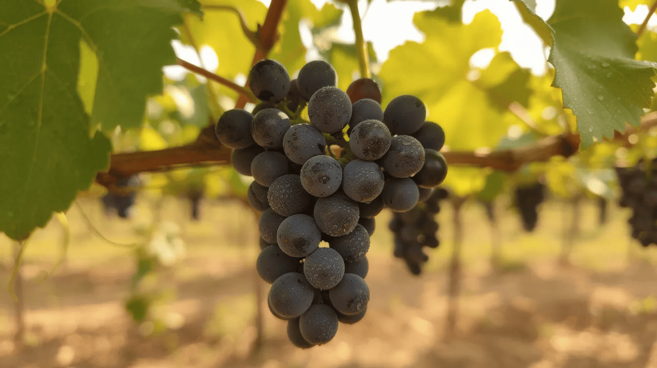 Zbliżenie na grona ciemnoniebieskich winogron odmiany cabernet sauvignon dojrzewających na krzewie winorośli właściwej (vitis vinifera) w słoneczny dzień, z liśćmi otaczającymi owoce, które obiecują bogaty zbiór wina. W tle widać delikatne promienie słońca, które podkreślają intensywność koloru winogron.