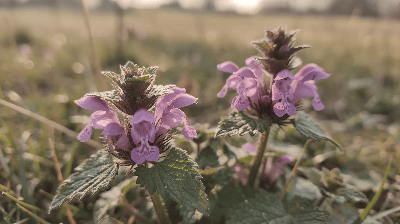 Zbliżenie na purpurowe kwiaty jasnoty purpurowej (lamium purpureum), rosnące na skraju łąki wczesną wiosną. Kwiaty te charakteryzują się sercowatymi liśćmi i krótkimi włoskami, a ich właściwości lecznicze są znane w medycynie ludowej.