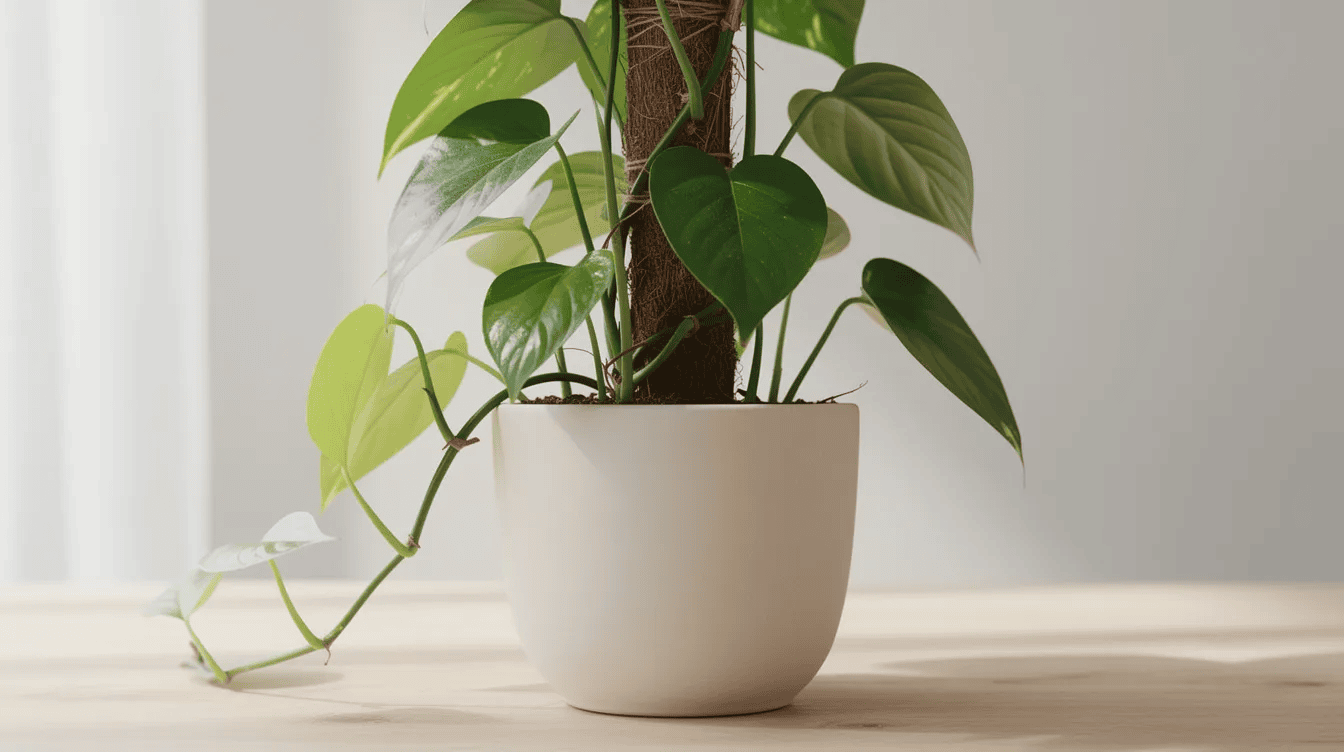 Na zdjęciu widoczne jest zielone, tropikalne pnącze, które wspina się po kokosowym paliku w ceramicznej doniczce. Roślina, znana jako monstera minima, charakteryzuje się bujnym ulistnieniem i pędami, które samoczynnie czepiają się podpór, a jej liście wyrastają w jasnym miejscu, korzystając z rozproszonego światła.