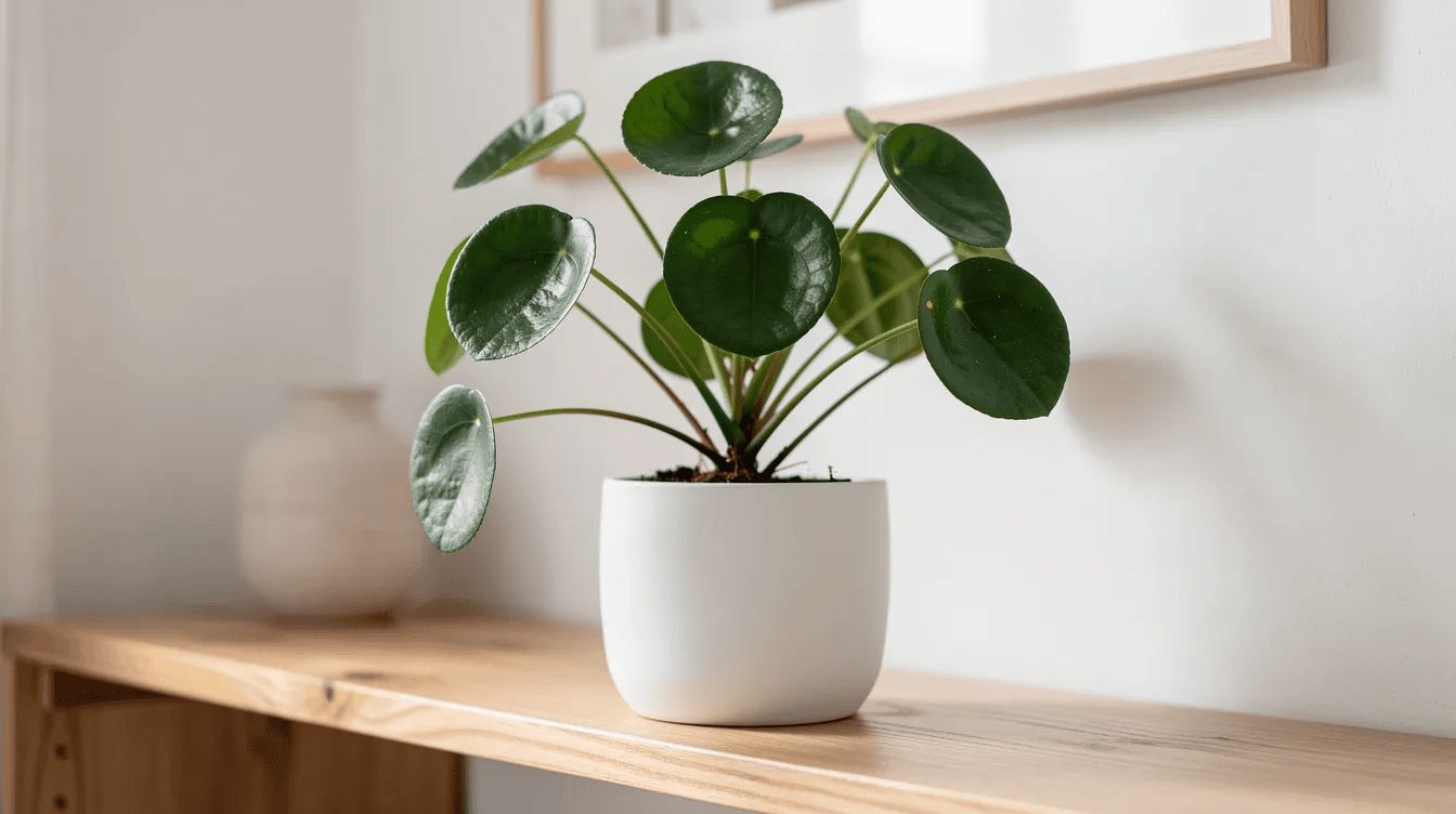 Na jasnej, skandynawskiej półce znajduje się roślina Pilea peperomioides w ceramicznej doniczce, której okrągłe, delikatne liście wyróżniają się w otoczeniu. Ta roślina domowa, znana również jako pieniążek, jest doskonałym wyborem dla początkujących, ponieważ toleruje umiarkowane podlewanie i dobrze rośnie w dużej ilości rozproszonego światła.
