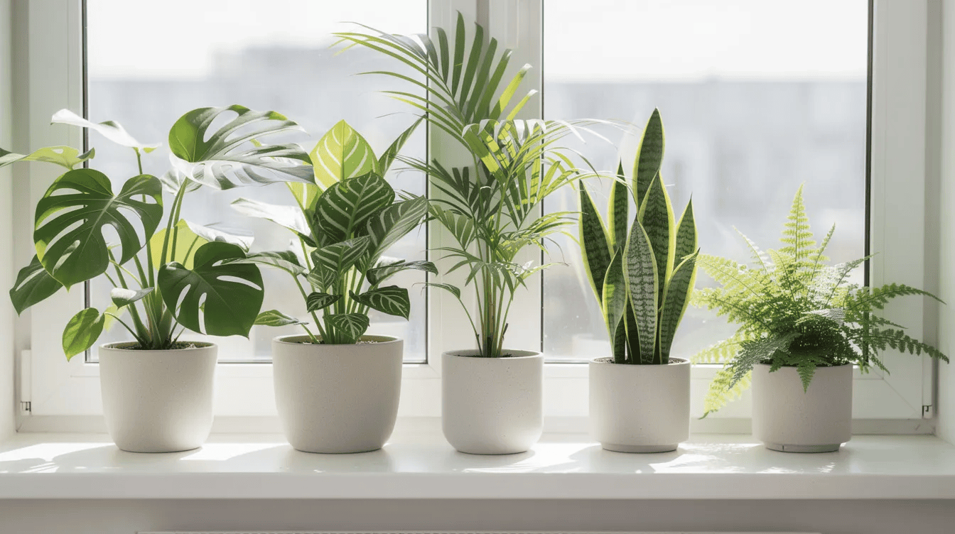 Na jasnym parapecie stoją różnorodne tropikalne rośliny doniczkowe, w tym monstera minima i filodendron minima, które charakteryzują się bujnym ulistnieniem i pędami samoczynnie czepiającymi. Rośliny te, dobrze rosnące w rozproszonym świetle, tworzą żywą ozdobę wnętrza.