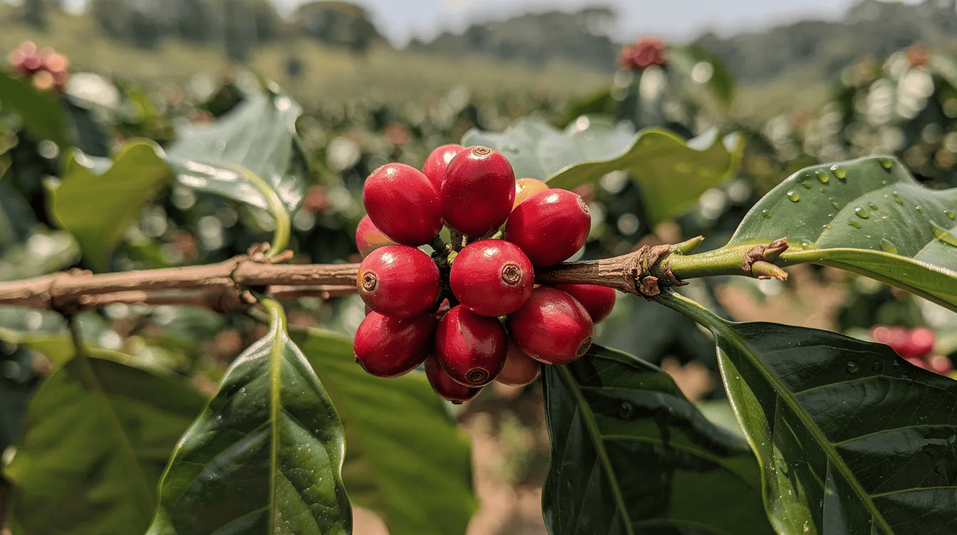 Na gałęzi kawowca, otoczonej błyszczącymi liśćmi, wiszą dojrzałe, intensywnie czerwone wiśnie kawowe, będące owocami rośliny Coffea arabica. Scena ukazuje tropikalny urok uprawy kawy w naturalnych warunkach.