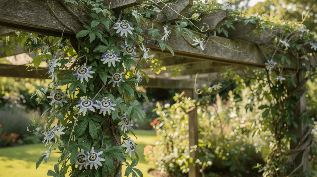 Na zdjęciu widoczne jest zdrowe pnącze męczennicy błękitnej (passiflora caerulea), które obficie pokrywa drewnianą pergolę w ogrodzie. Roślina ozdobna charakteryzuje się pięknymi kwiatami oraz intensywnym wzrostem, co nadaje jej egzotycznego uroku.
