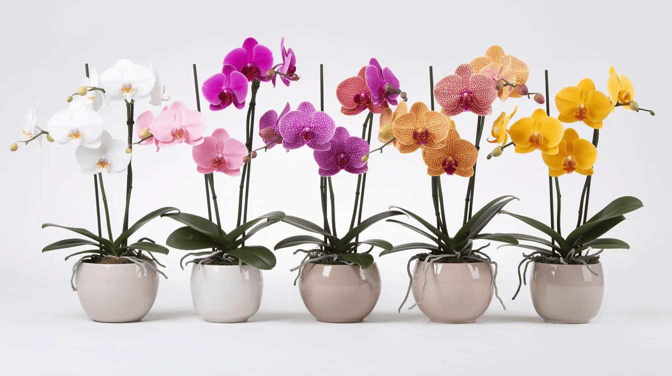 Na zdjęciu widoczne są kwitnące storczyki Phalaenopsis w różnych kolorach, ustawione w eleganckich ceramicznych doniczkach. Te piękne rośliny doniczkowe z egzotycznym wyglądem stanowią doskonałą dekorację wnętrza oraz idealny prezent dla miłośników roślin.