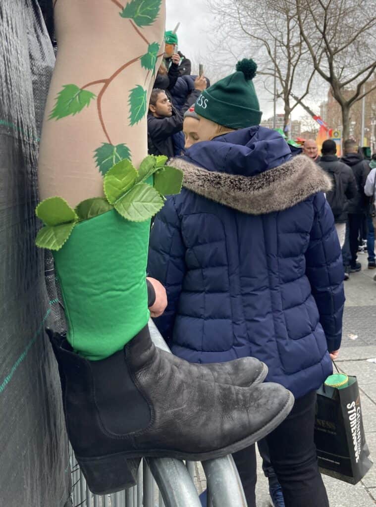 Decorative green boots with ivy accents on Saint Patrick's Day