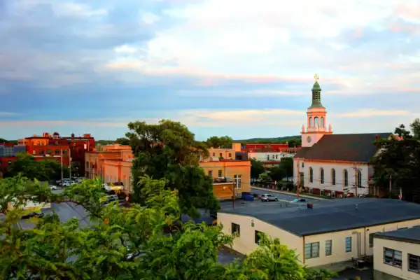 Framingham Massachusetts downtown view with church and surrounding buildings near Route 9