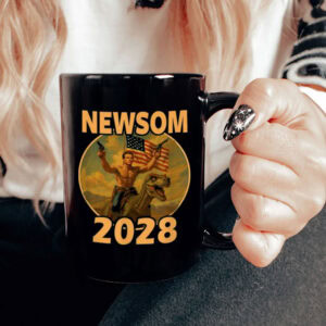 Gavin Newsom 2028 Mug – Patriotic Dinosaur Riding Political Coffee Cup