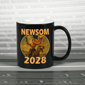 Gavin Newsom 2028 Mug – Patriotic Dinosaur Riding Political Coffee Cup
