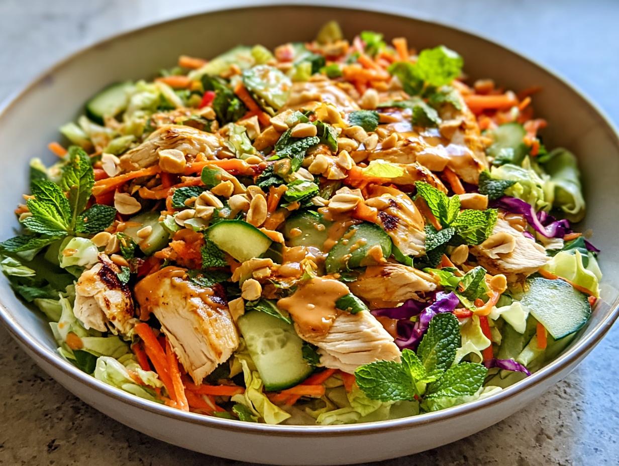 Thai Chicken Peanut Salad with fresh vegetables and creamy peanut dressing