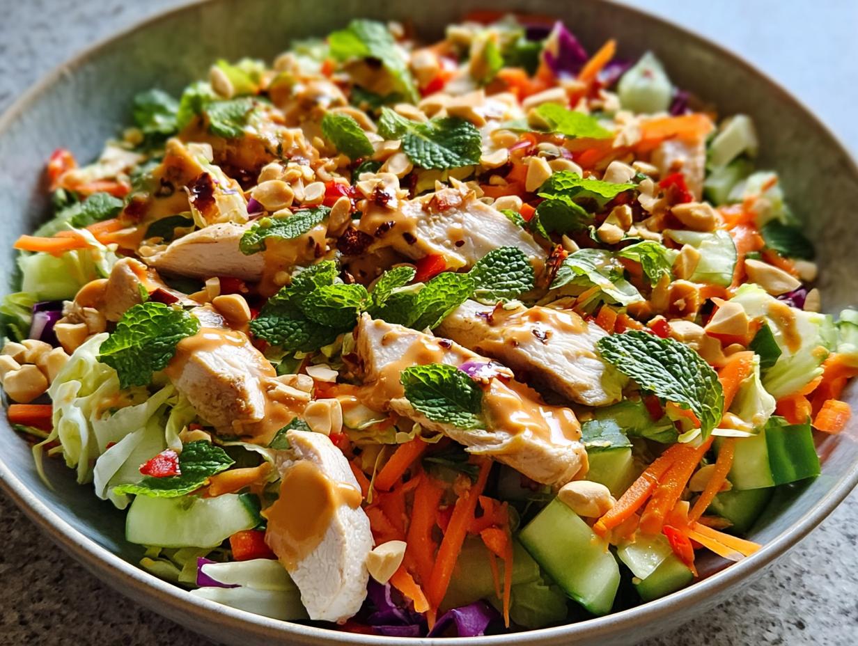 Close-up of Thai Chicken Peanut Salad ingredients being tossed with dressing
