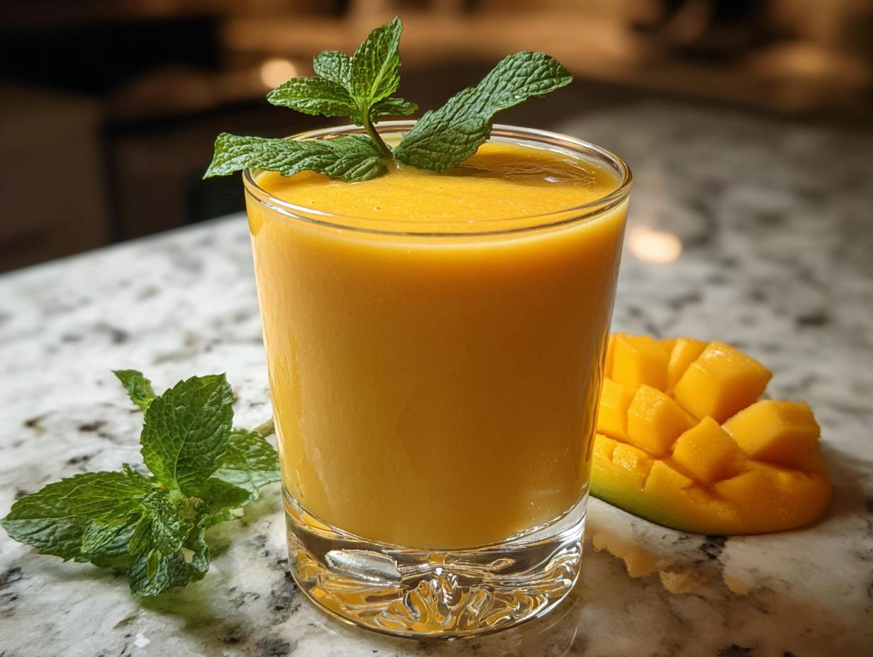 Tropical Mango Banana Smoothie ingredients in a blender