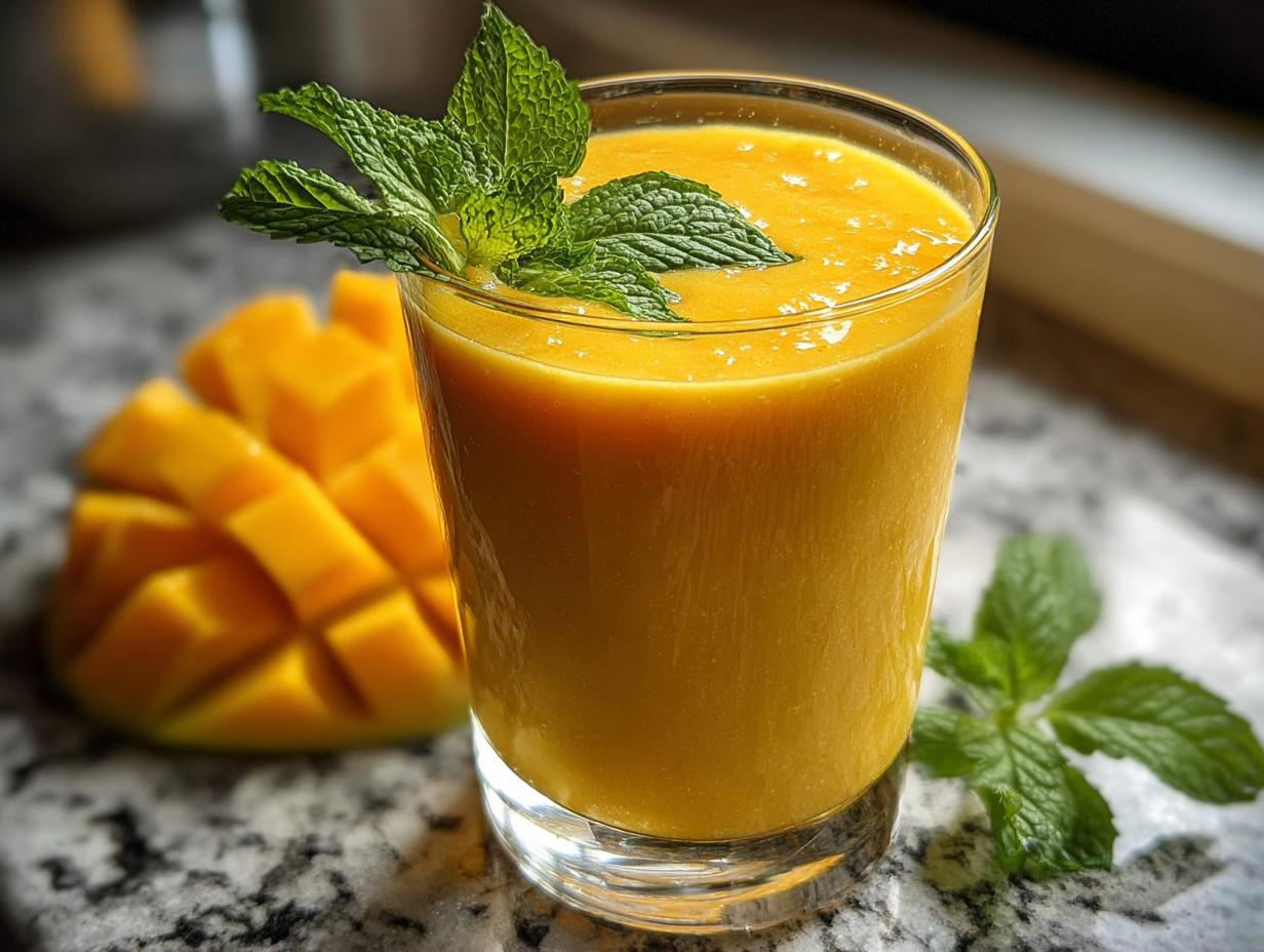 Tropical Mango Banana Smoothie being poured into a glass