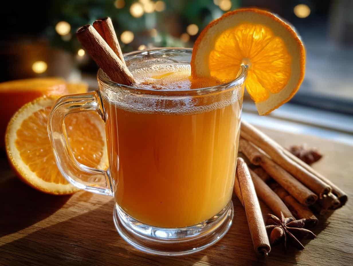 Close-up of Warm Cinnamon Orange Delight being poured into a mug