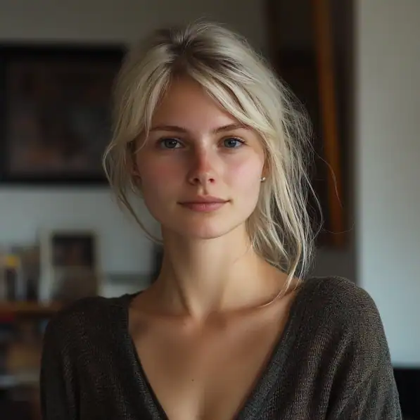 Zdjęcie młodej kobiety, portret, naturalne światło, spokojny wyraz twarzy.