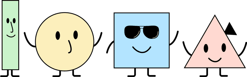 4 geometrische Figuren stehen nebeneinander. Sie symbolisieren unterschiedliche Formen von körperlichen Einschränkungen. Die erste Figur ist ein grüner Balken. Die Figur hat keine Arme. Die zweite Figur ist ein gelber Kreis. Er hat keinen Mund. Die dritte Figur ist ein blaues Viereck mit Brille. Sie ist blind. Die letzte Figur ist ein rosa Dreieck. Es hört schlecht und hat ein Hörgerät.