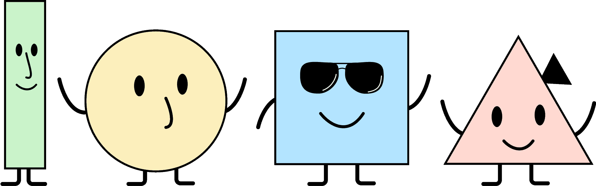 4 geometrische Figuren stehen nebeneinander. Sie symbolisieren unterschiedliche Formen von körperlichen Einschränkungen. Die erste Figur ist ein grüner Balken. Die Figur hat keine Arme. Die zweite Figur ist ein gelber Kreis. Er hat keinen Mund. Die dritte Figur ist ein blaues Viereck mit Brille. Sie ist blind. Die letzte Figur ist ein rosa Dreieck. Es hört schlecht und hat ein Hörgerät.