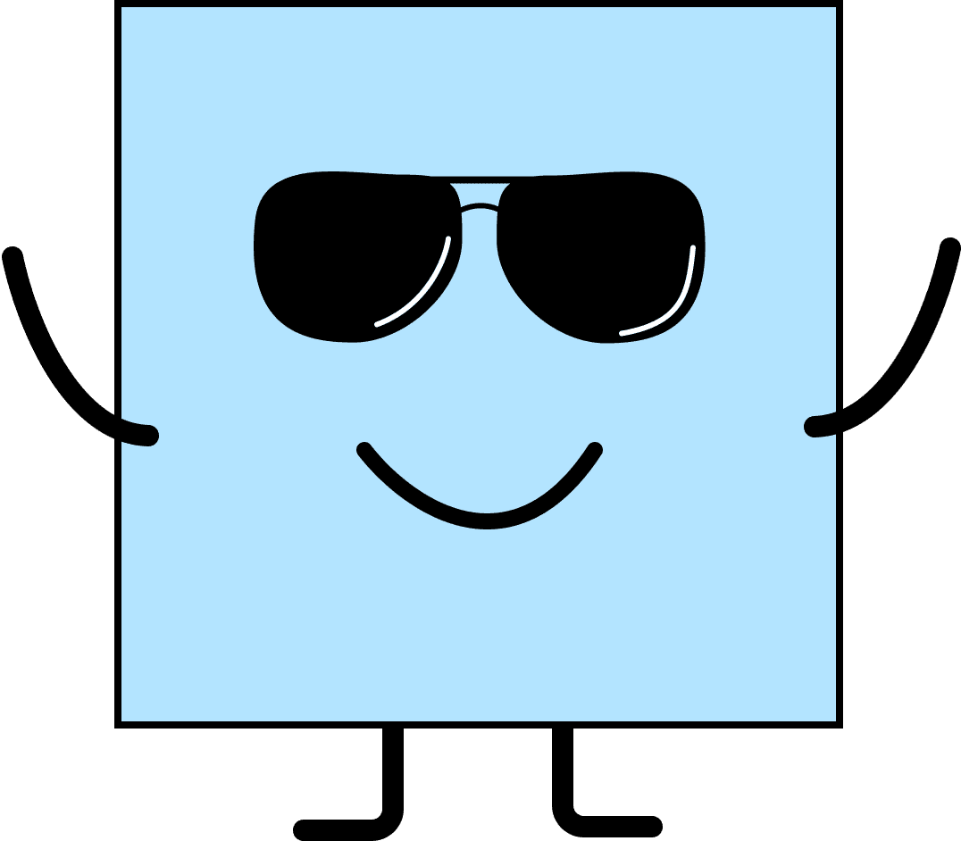 Eine Illustration von einem blauen Viereck mit Füßen, Händen und einer Sonnenbrille. Die Figur soll Blindheit symbolisieren.