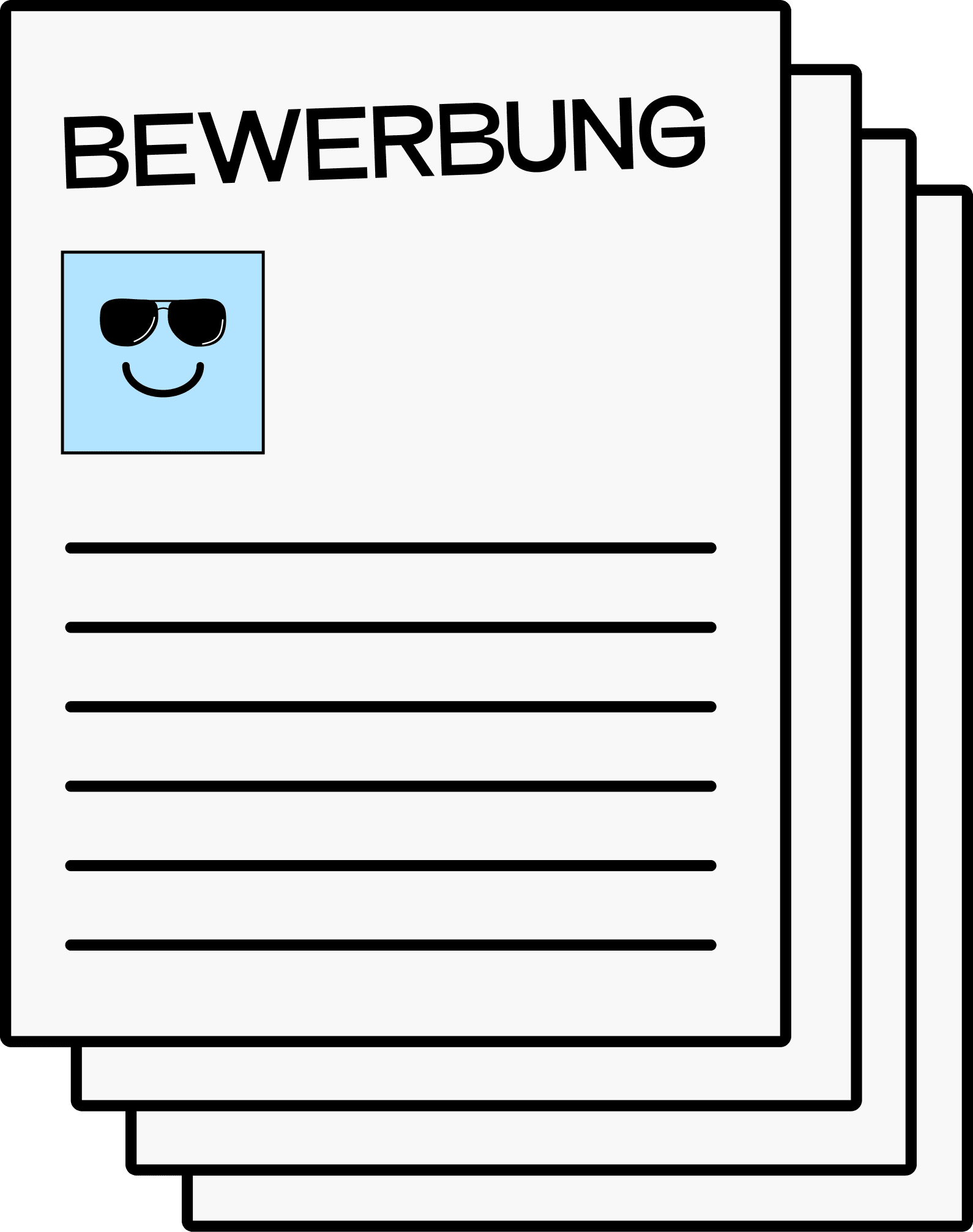 Eine Illustration von mehreren DIN-A4 Blättern aufeinander. Auf dem obersten Blatt steht Bewerbung.