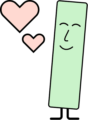 Eine Strich-Figur ohne Arme, aber mit einem Lachen auf dem Gesicht und 2 großen, roten Herzen um sich herum.