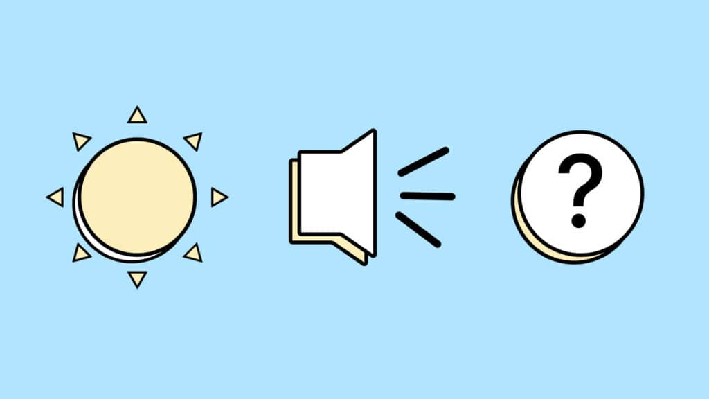 Es sind 3 Icons zu sehen. Das erste ist eine Sonne. Das Icon soll vermitteln, dass man eine Webseite oder App auch trotz Sonneneinfall lesen können soll. Deswegen braucht man hohen Kontrast der Farben. Das zweite Icon ist ein Lautsprecher. Es symbolisiert, dass man Lärm um sich herum hat und deswegen zum Beispiel Untertitel auf einer Webseite braucht. Das dritte Icon ist ein Fragezeichen. Das Icon symbolisiert, dass Nutzer oft verwirrt sind und Hilfe brauchen durch zum Beispiel Tooltips auf Webseiten.