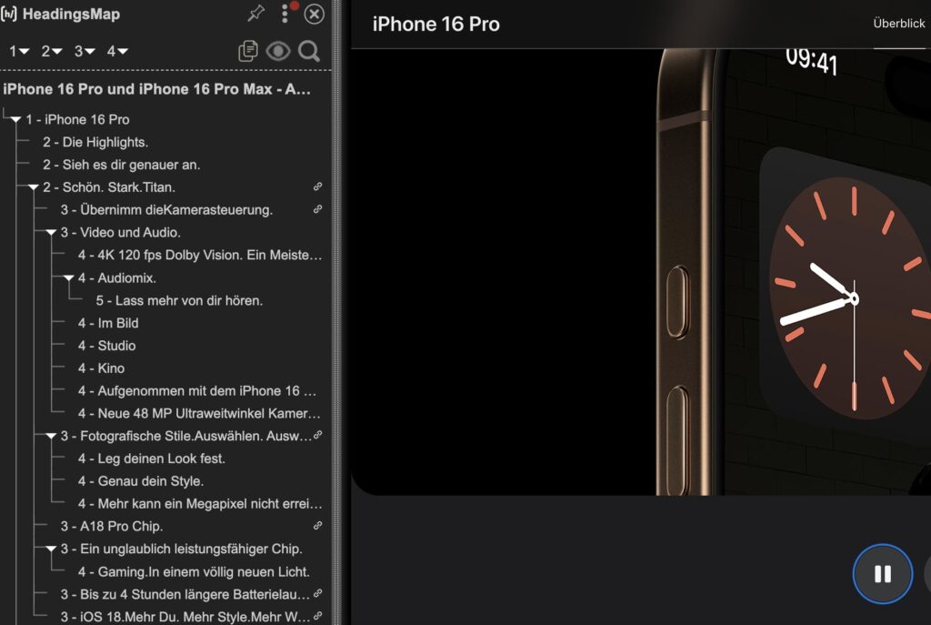 Überschriften-Struktur der Apple-Seite. Ein Screenshot des Heading-Map-Tools.